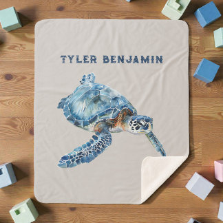 Watercolor Whimsical Sea Turtle in Blue Sherpa Blanket