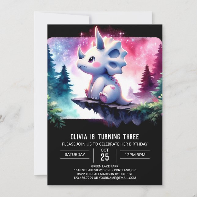 Watercolor Whimsical Triceratops Birthday Invitation (Front)