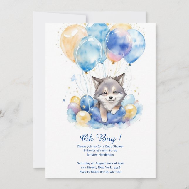 Watercolor Whimsical Wolf Cubs Baby Shower Invitation (Front)