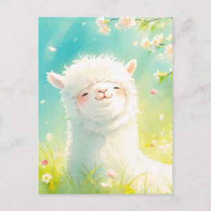 Watercolor White Alpaca and Pink Cherry Blossom Postcard