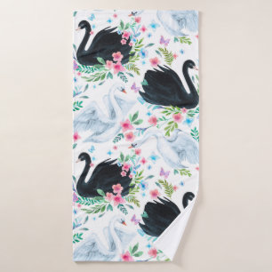 Watercolor white and black swan lake seamless patt bath towel