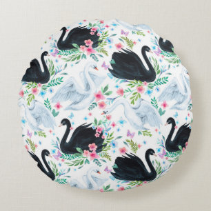 Watercolor white and black swan lake seamless patt round pillow