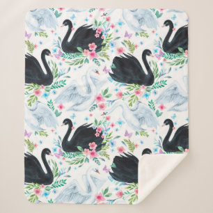 Watercolor white and black swan lake seamless patt sherpa blanket