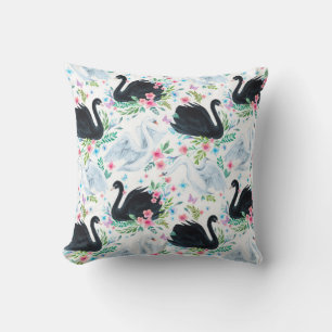 Watercolor white and black swan lake seamless patt throw pillow