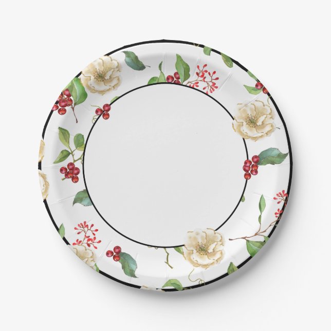 Watercolor White and Gold Magnolia Paper Plate (Front)