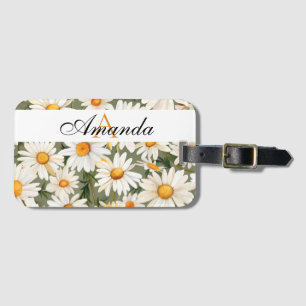 Watercolor White and Green Daisy Pattern Monogram Luggage Tag