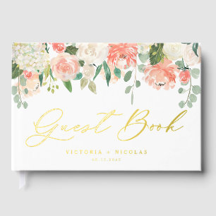 Watercolor White and Peach Flowers Photo Wedding Guest Book