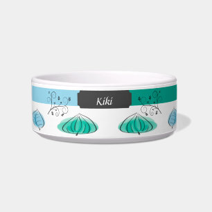 Watercolor White & Aquamarine Pet Bowl w/Leaves