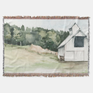 Watercolor White Barn Throw Blanket
