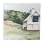 Watercolor White Barn Tile<br><div class="desc">Watercolor Barn III by Jennifer Paxton Parker. Features an off-to-the-side white barn in a field with trees.</div>