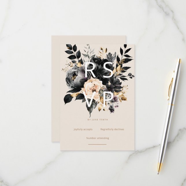 Watercolor White Black Gold Floral RSVP Card (Front/Back In Situ)