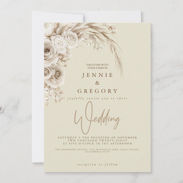 Watercolor White Boho Wedding Floral Invitation (Front)