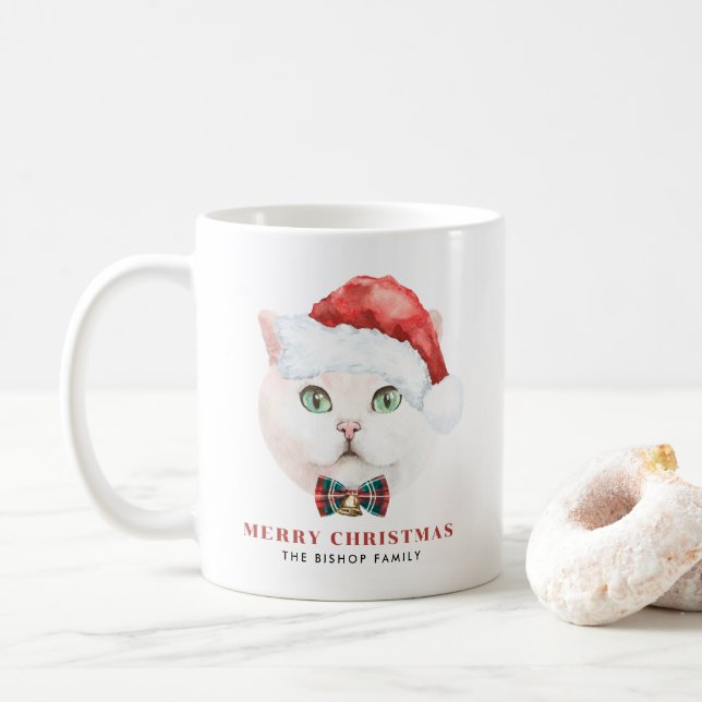 Watercolor White British Shorthair Cat Christmas Coffee Mug (With Donut)