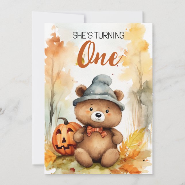 Watercolor White & Brown Autumn Bear 1st Birthday Invitation (Front)