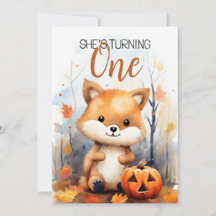 Watercolor White & Brown Happy Fox 1st Birthday Invitation