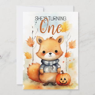 Watercolor White & Brown Leaves Fox 1st Birthday Invitation