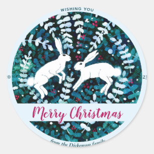 Watercolor White Bunnies Among Greenery Christmas Classic Round Sticker