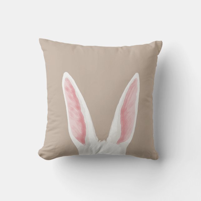 Watercolor White Bunny Ears On Beige Easter Throw Pillow (Front)