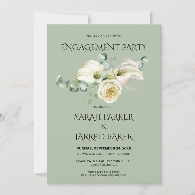 Watercolor White Calla Lilies Bouquet Engagement Invitation (Front)
