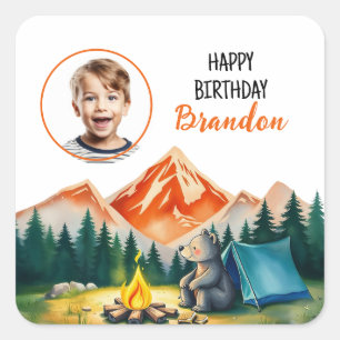 Watercolor White Camping Bear Kids Photo Birthday Square Sticker