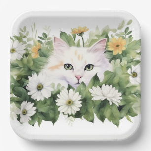 Watercolor White Cat In Daisies Paper Plate