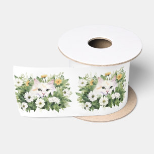 Watercolor White Cat In Daisies Satin Ribbon
