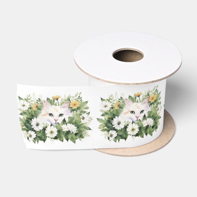 Watercolor White Cat In Daisies Satin Ribbon (Spool)