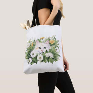 Watercolor White Cat In Daisies Tote Bag