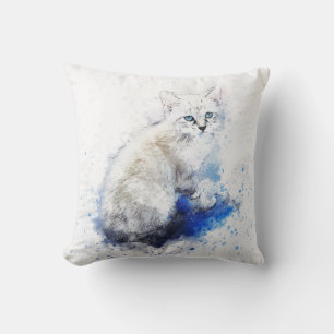 Watercolor White Cat  Throw Pillow