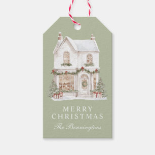 Watercolor White Christmas House Personalized Gift Tags