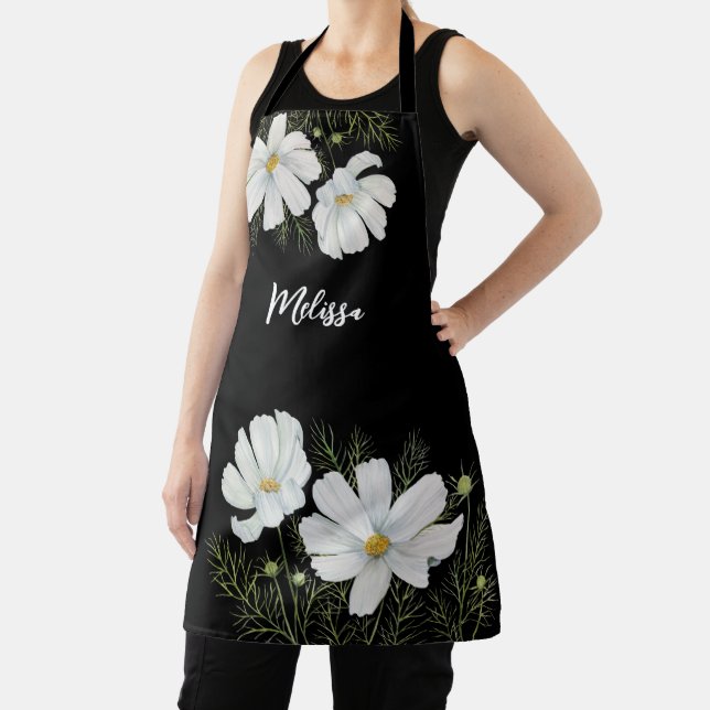 Watercolor White Cosmos Flowers Botanical Painting Apron (Insitu)