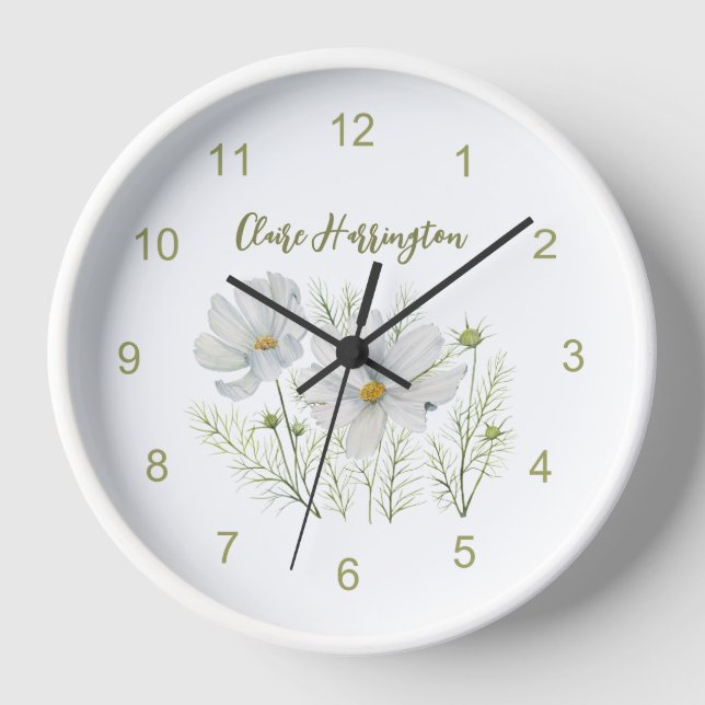 Watercolor White Cosmos Flowers Botanical Painting Clock (Front)