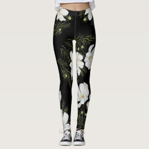 Watercolor White Cosmos Flowers Botanical Painting Leggings
