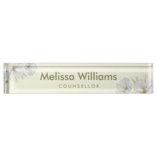 Watercolor White Cosmos Flowers Botanical Painting Nameplate