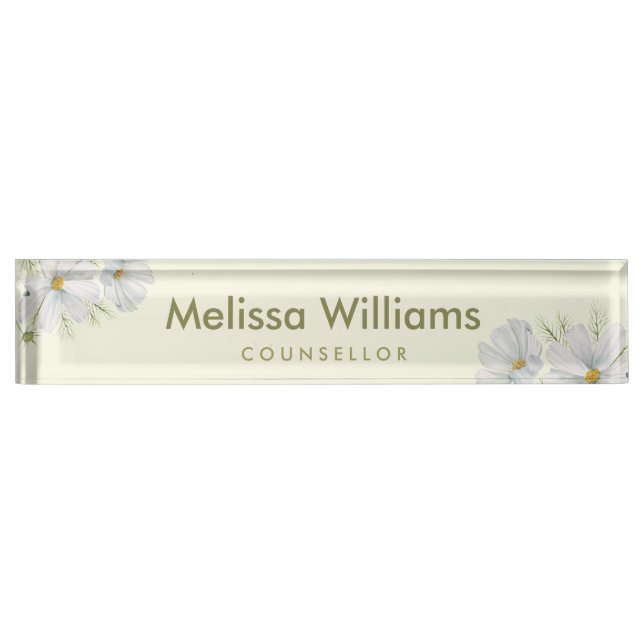 Watercolor White Cosmos Flowers Botanical Painting Nameplate (Front)