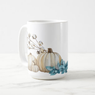 WATERCOLOR WHITE FALL PUMPKINS & BLUE FLOWERS COFFEE MUG