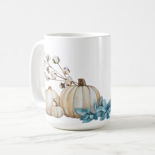 WATERCOLOR WHITE FALL PUMPKINS & BLUE FLOWERS COFFEE MUG (Front Left)