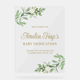 Watercolor White Floral and Greeny Baby Dedication Acrylic Sign