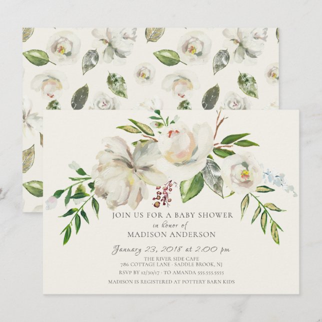 Watercolor White Floral Baby Shower Invitation (Front/Back)