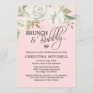 Watercolor White Floral Blush Pink Brunch & Bubbly Invitation