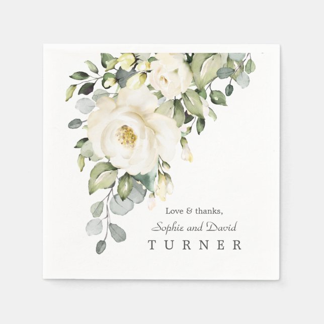 Watercolor White Floral Eucalyptus Foliage Wedding Napkin (Front)