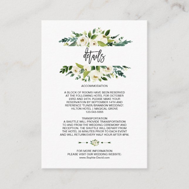Watercolor White Floral Frame Wedding Details Enclosure Card (Front)