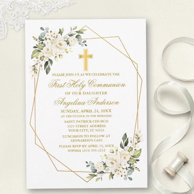 Watercolor White Floral Geo Frame Gold Communion Invitation (Customize to change text color, size, style or to add photos or more text to back of card.)