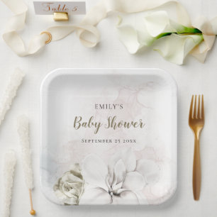 Watercolor White Floral Gir or Boy Baby Shower  Paper Plate