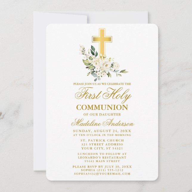 Watercolor White Floral Gold Cross First Communion Invitation (Front)