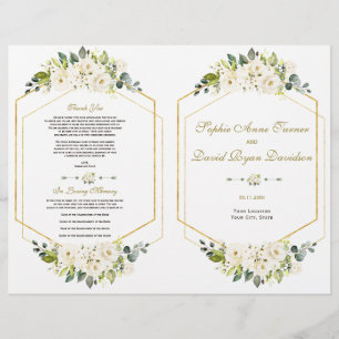 Watercolor White Floral Gold Frame Wedding Program