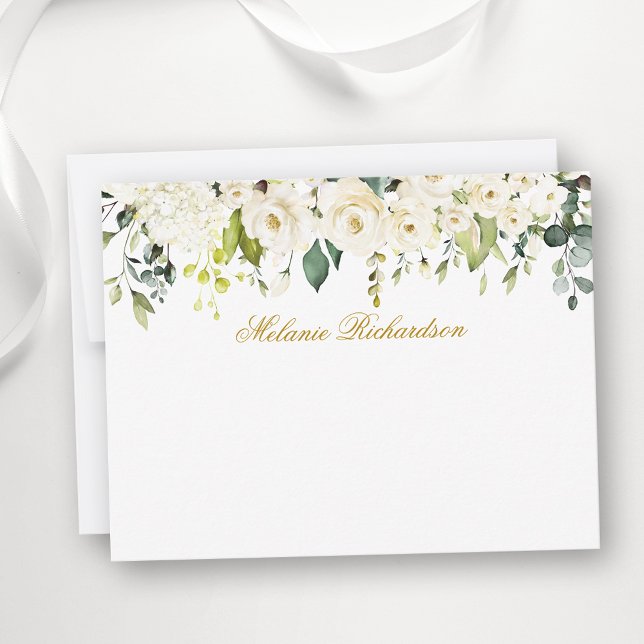 Watercolor White Floral Gold Personalized Card (Customize to change text size, color, style or to add more text to front or back of card.)