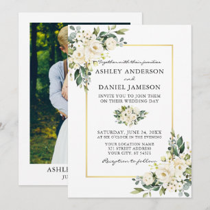 Watercolor White Floral Greenery Photo Wedding Invitation