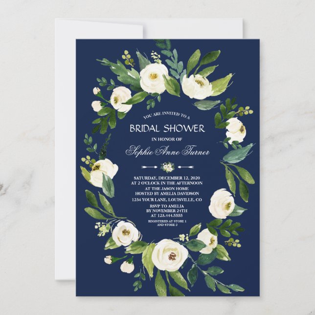 Watercolor White Floral Navy Blue Bridal Shower Invitation (Front)