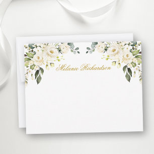 Watercolor White Floral Roses Gold Personalized Card